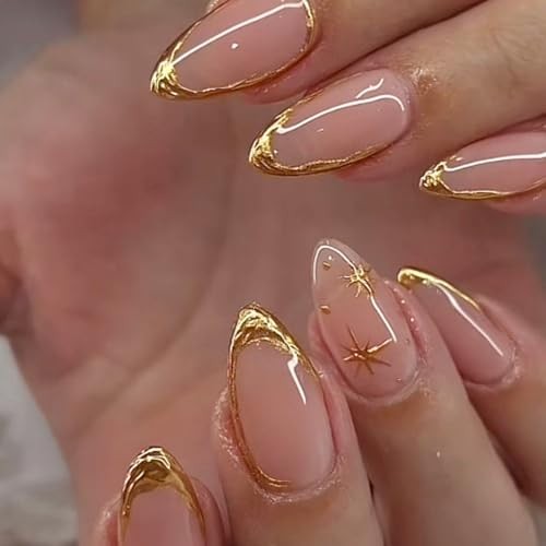 24Pcs Gold French Tip Press on Nails Almond Short Fake French Tip Nails-20