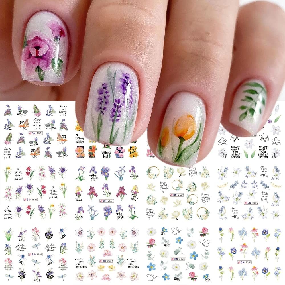 Flower Nail Art Sticker White Floral Water Transfer Stickers Dragonfly