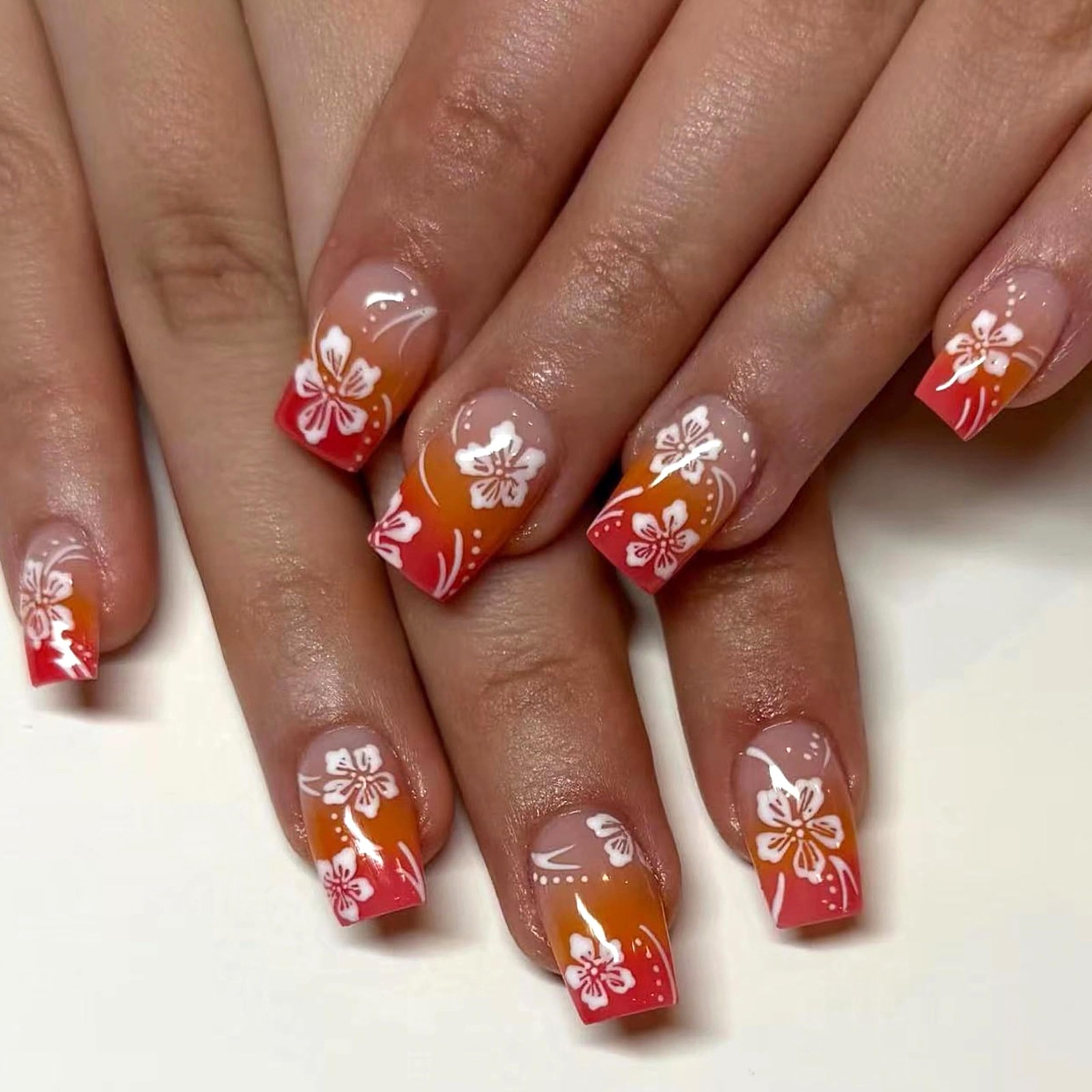 Square Press on Nails Medium Fake Nails Orange Red Ombre French Tip Glue ons …