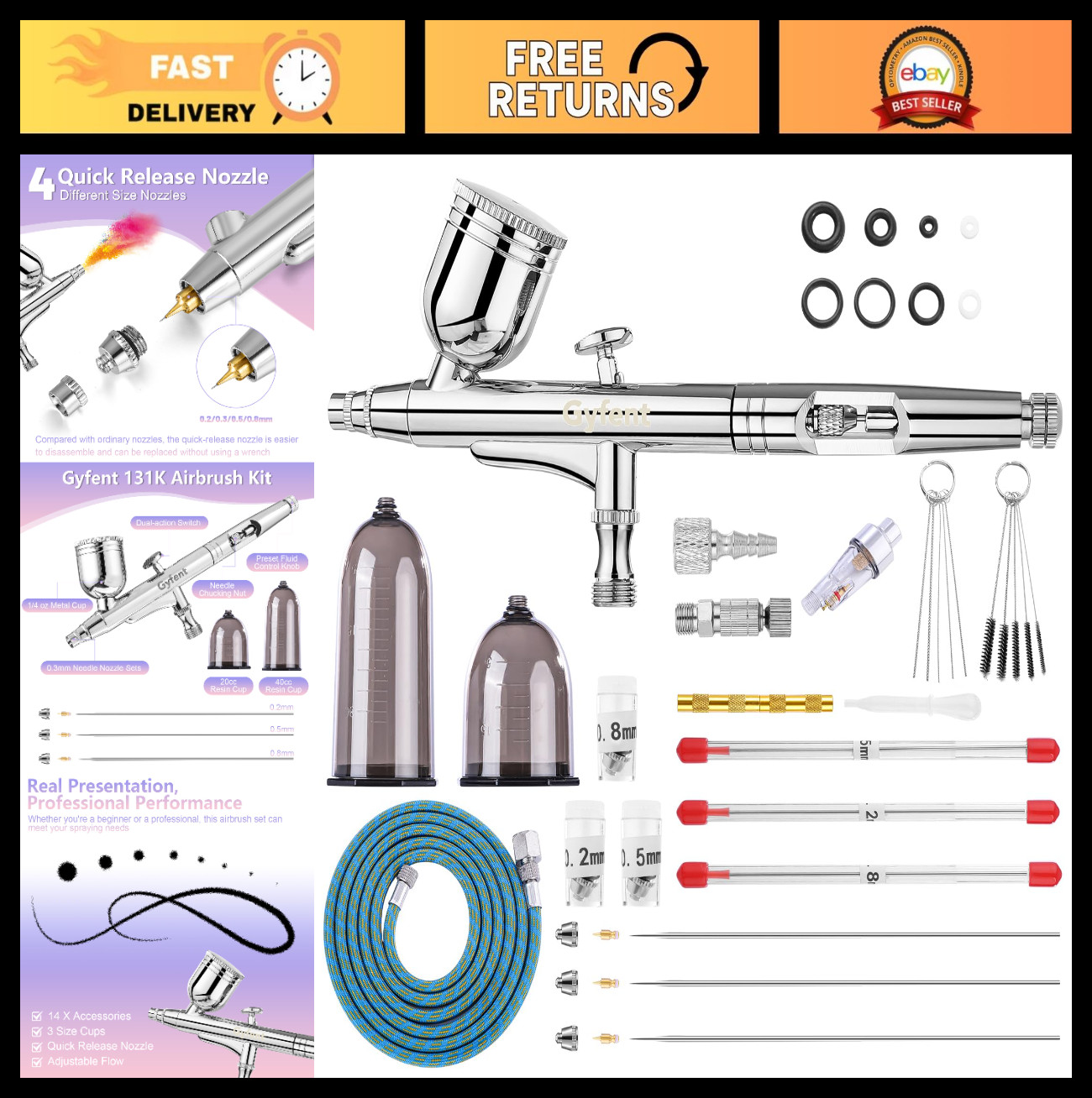 Airbrush Kit with 4 Nozzle Sets (0.2/0.3/0.5/0.8mm) – Dual-Action Gravity Feed f