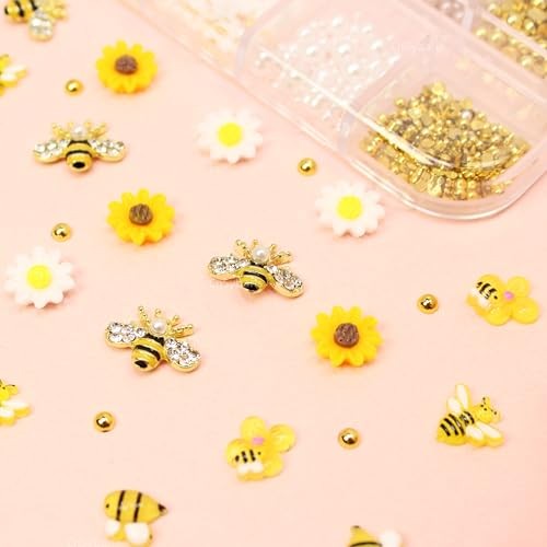 12 Grids Tiny Bee Nail Art Charms Resin Cartoon Daisy Flower Nail Gems yellow