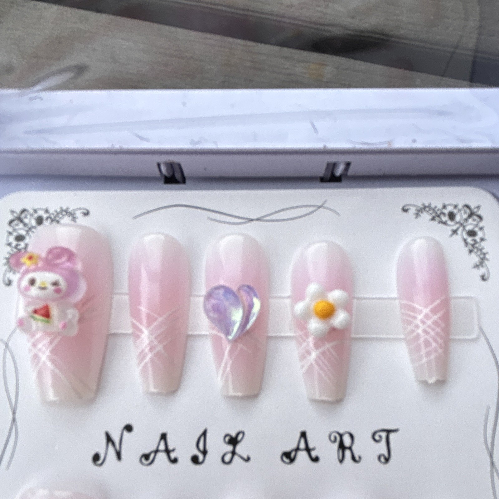 Pink/White Press-On Nails Long Coffin Full Cover Pre-Designed Shiny Flowers