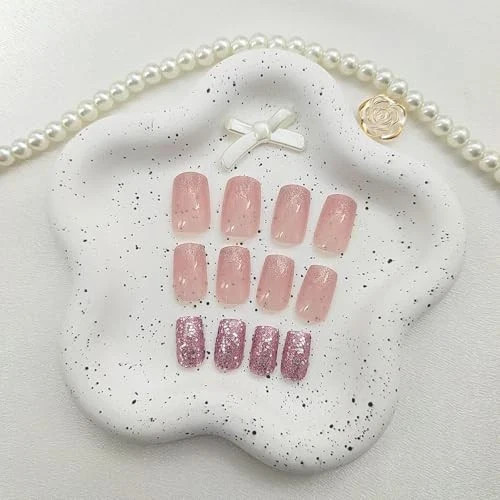 Press on Nails Medium Square Fake Nails with Gradient Glitter Sequins Designs