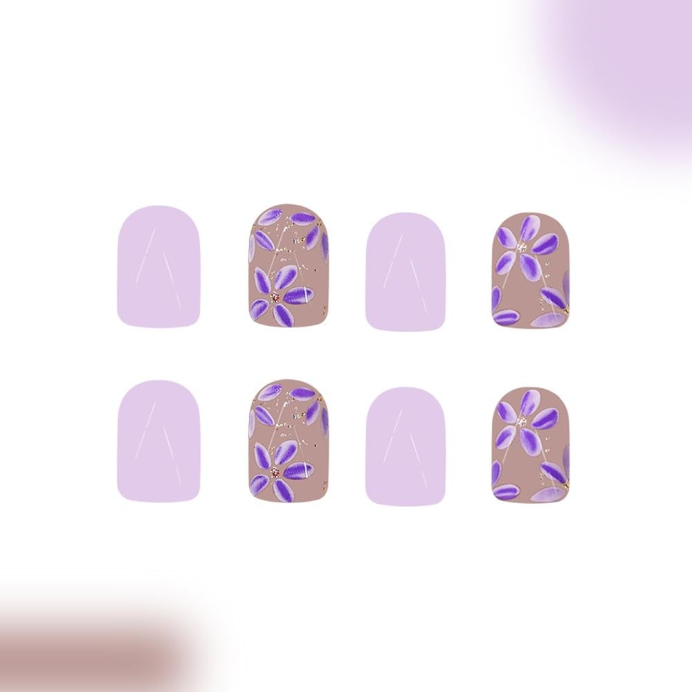 24 Pcs Mauve Press On Nails Short Square,Spring Flowers Fake Nails Press ons …