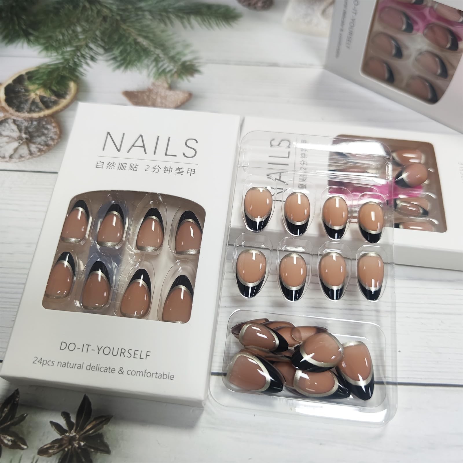 Black French Tips Press on Nails Gold Curve Line False Nails Glossy Gold Wrap…