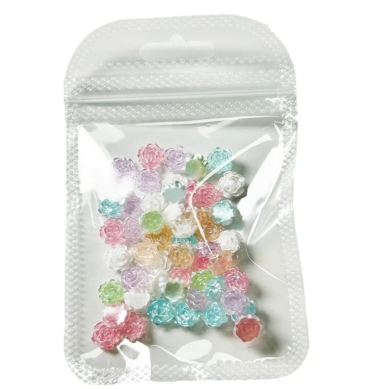 50pcs Camellia Nail Charms Mix Flower Shiny Pearl 3D 6/8mm Rose Flat Back 3D