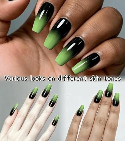 Redykat 24PCS Glossy Green Ombre Coffin Press On Nails, Gel Green&Black Ombre