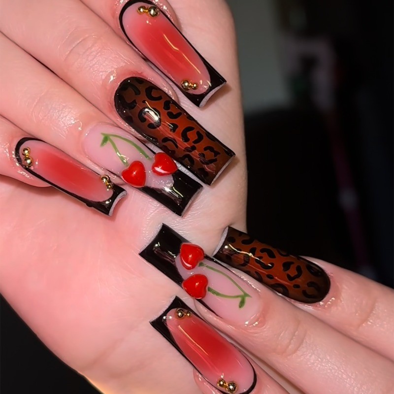 48Pcs-Long Square Red Gradient Leopard 3D Cherry Gold Bead Press on Nails Set
