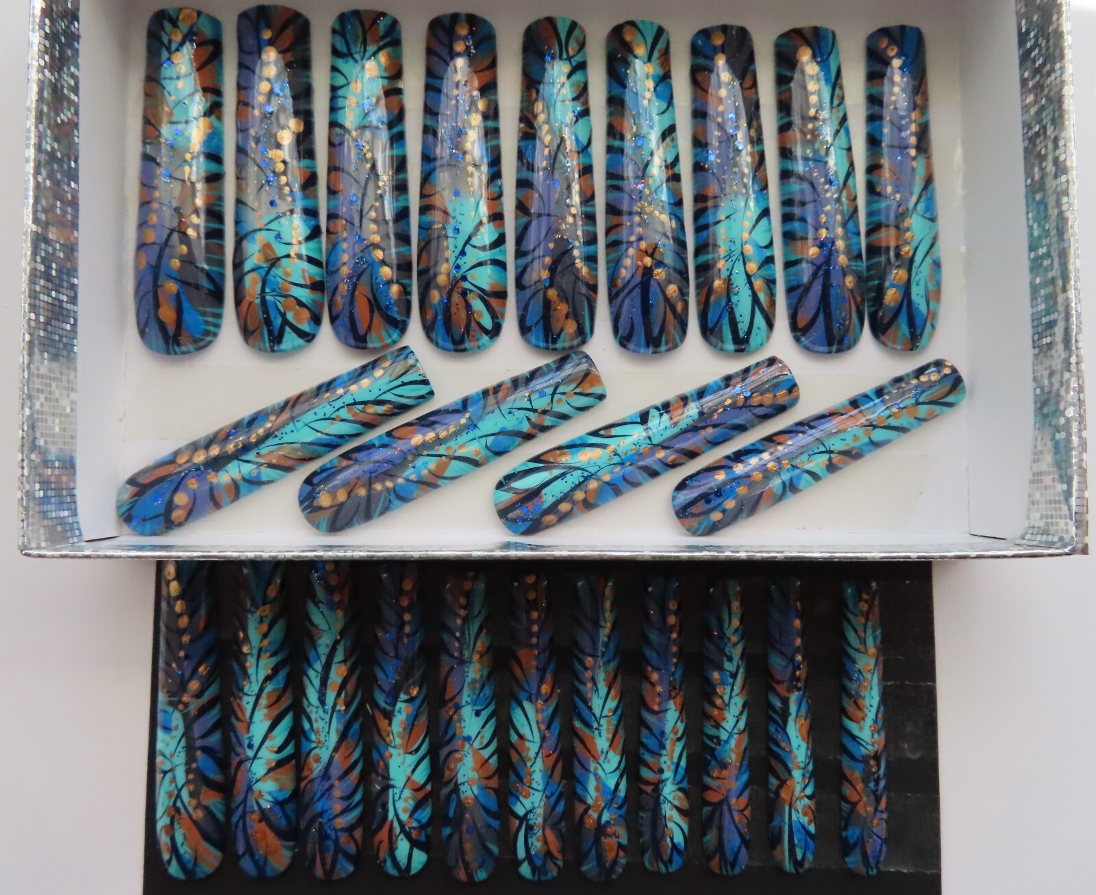 XXL Clear Purple Aqua Brown Blue Bronze Metallic Abstract Square Press On Nails