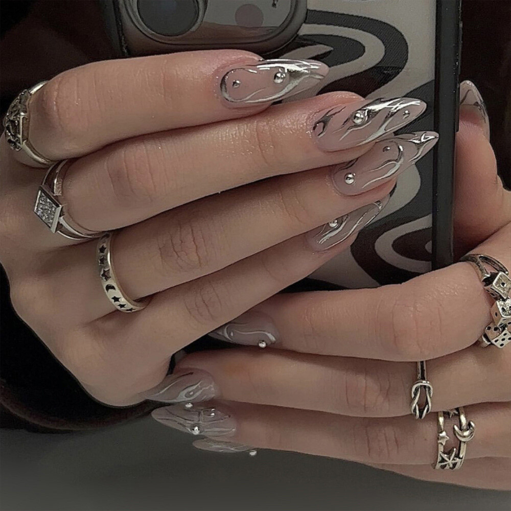 24PCS Silver Waves Almond Fake Nails Non-Toxic Odorless Not Hurt to Hands Nails