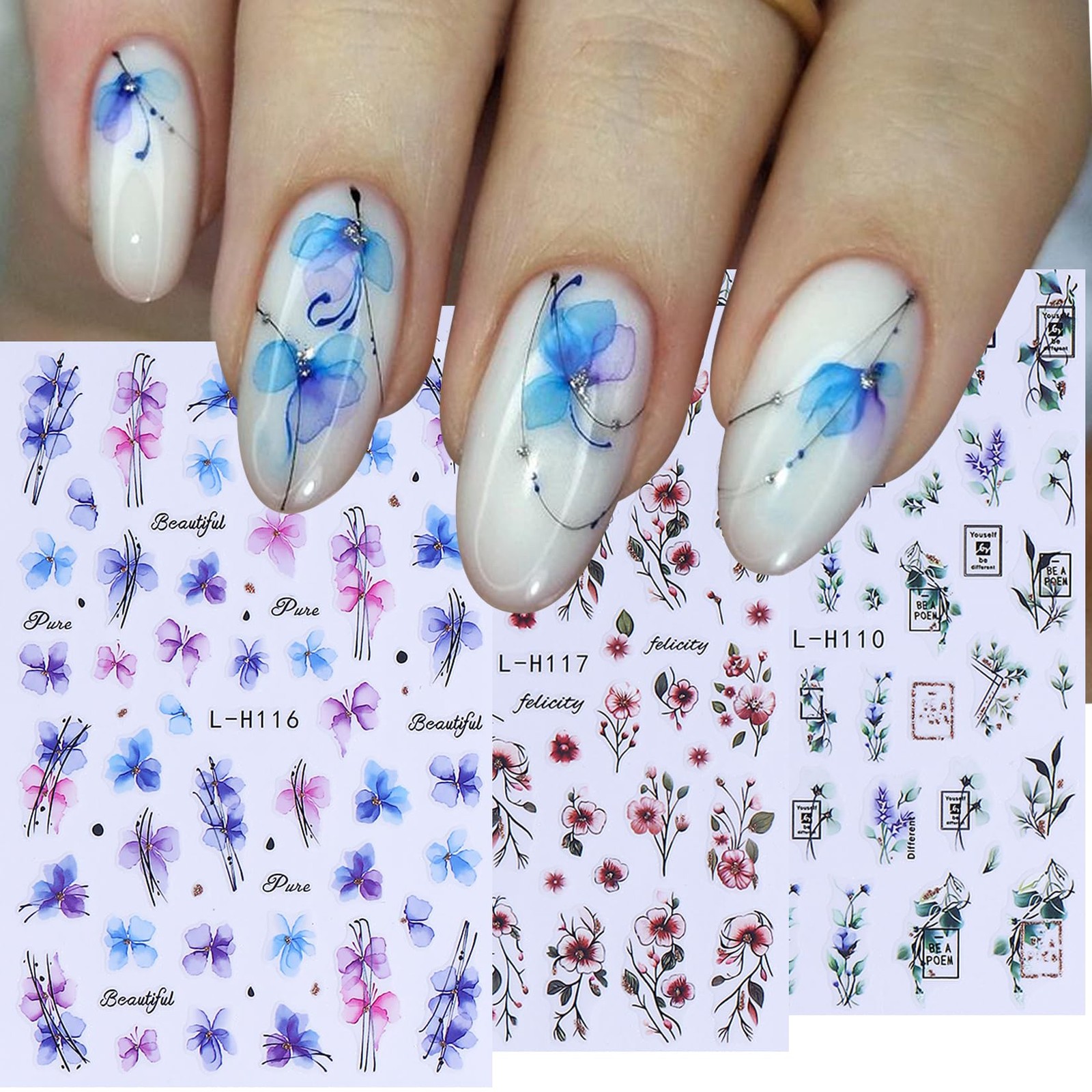 Ink Flower Nail Art Stickers 12 Sheets 3D -Adhesive Nail Decals with Tweezers…