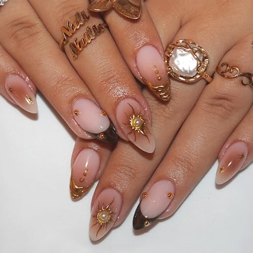 French Tip Press On Nails Medium Almond Fake Nails Gold Sun normal-nails15