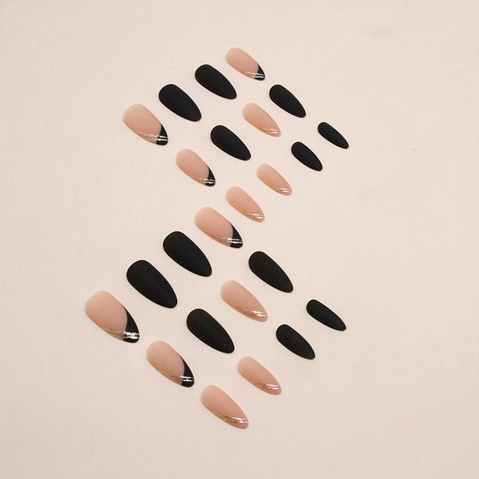 Black Press on Nails Medium Almond Fake Matte Medium, French Tip
