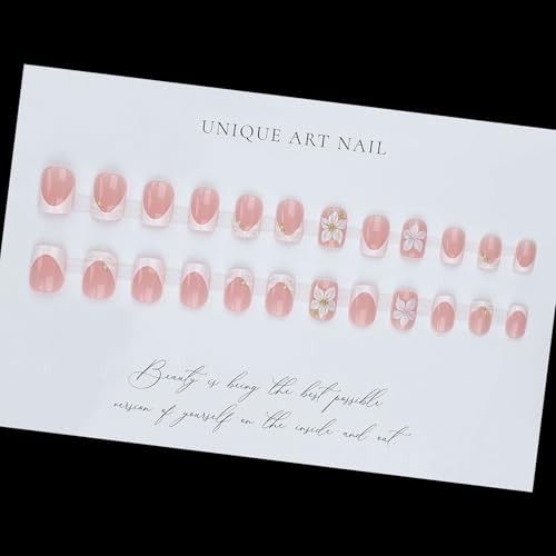 White French Tip Press on Nails 3d Flower Fake Nails with Design Short Square