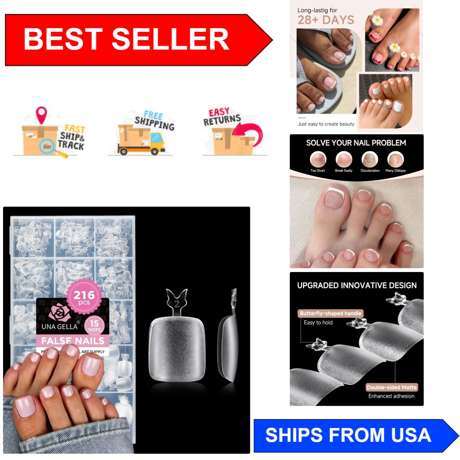 216 Pcs Clear Press On Toe Nail Tips – Ultra Thin Square-Round Gel Tips