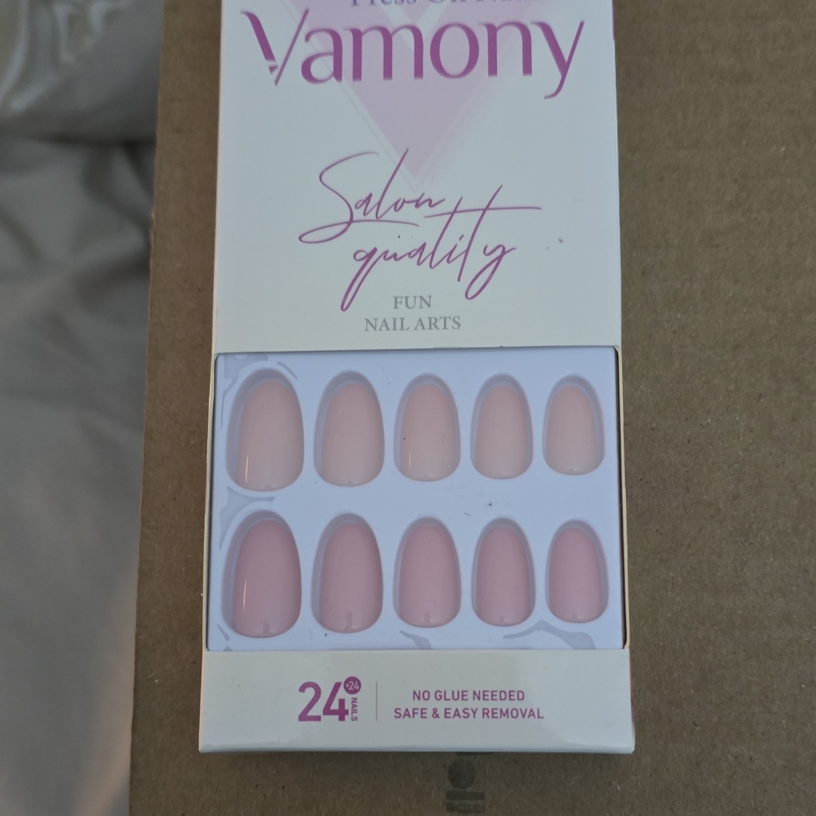 Vamony Press-On Nails Pink Oval Full Cover Self-Adhesive Safe Removal 24pcs