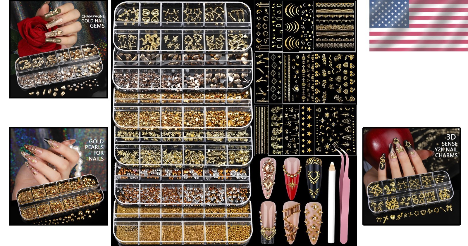 Elegant Gold Nail Charms & Rhinestones Set – 21 Unique Designs for Exquisite Art