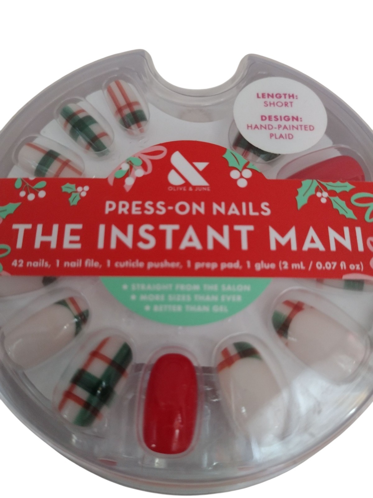 Olive & June THE INSTANT MANI 42ct SHORT LENGTH Press On Nail HAND-PAINTED PLAID