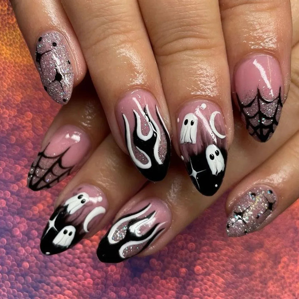 24pcs Halloween Spider Gothic Short Round Press On Nails