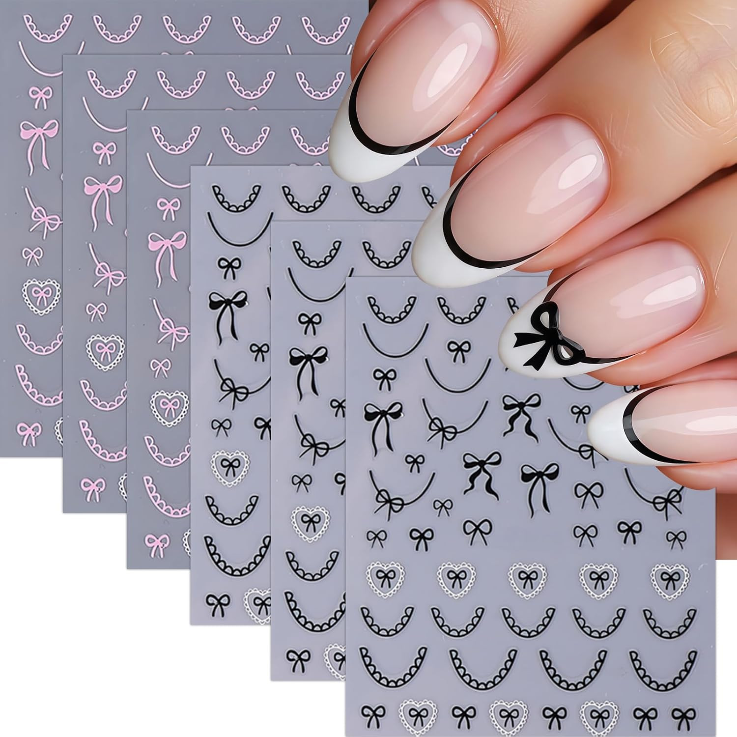 6Pcs Bow Nail Stickers Valentines Nail Decals Love-Heart Kawaii Lace Bow Tie Nai