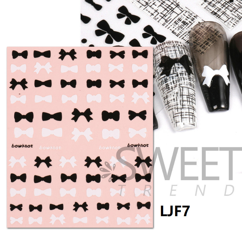 3D Nail Art Stickers Black White Decor Butterfly Knot Bow Grid Decals NS48