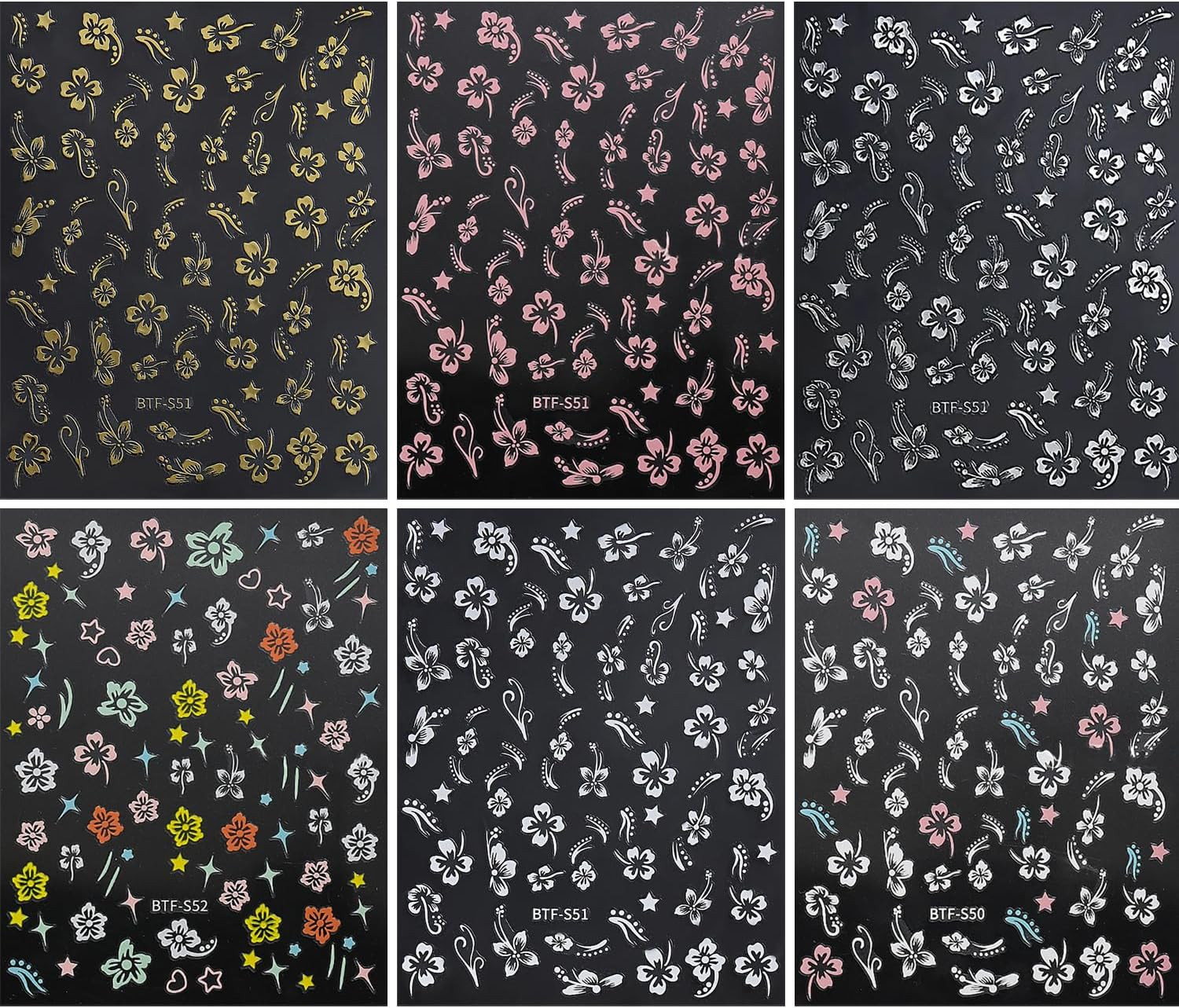Flower Nail Stickers, Hibiscus Nail Decals 3D Self-Adhesive White Pink Gold Flow