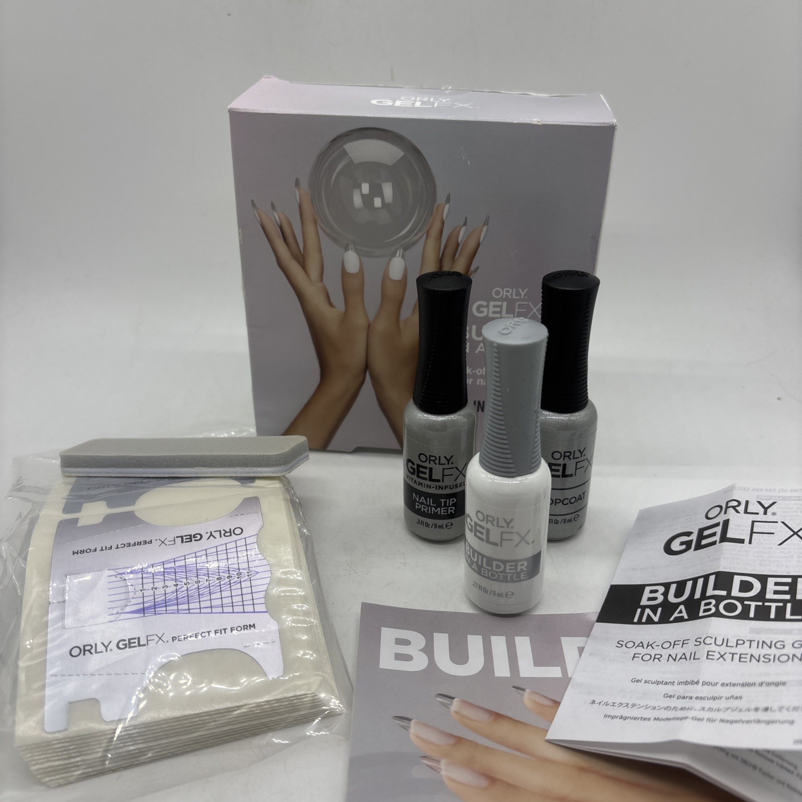 NIB Orly GelFX Builder In A Bottle Intro Kit Primer Topcoat Perfect Fit Forms