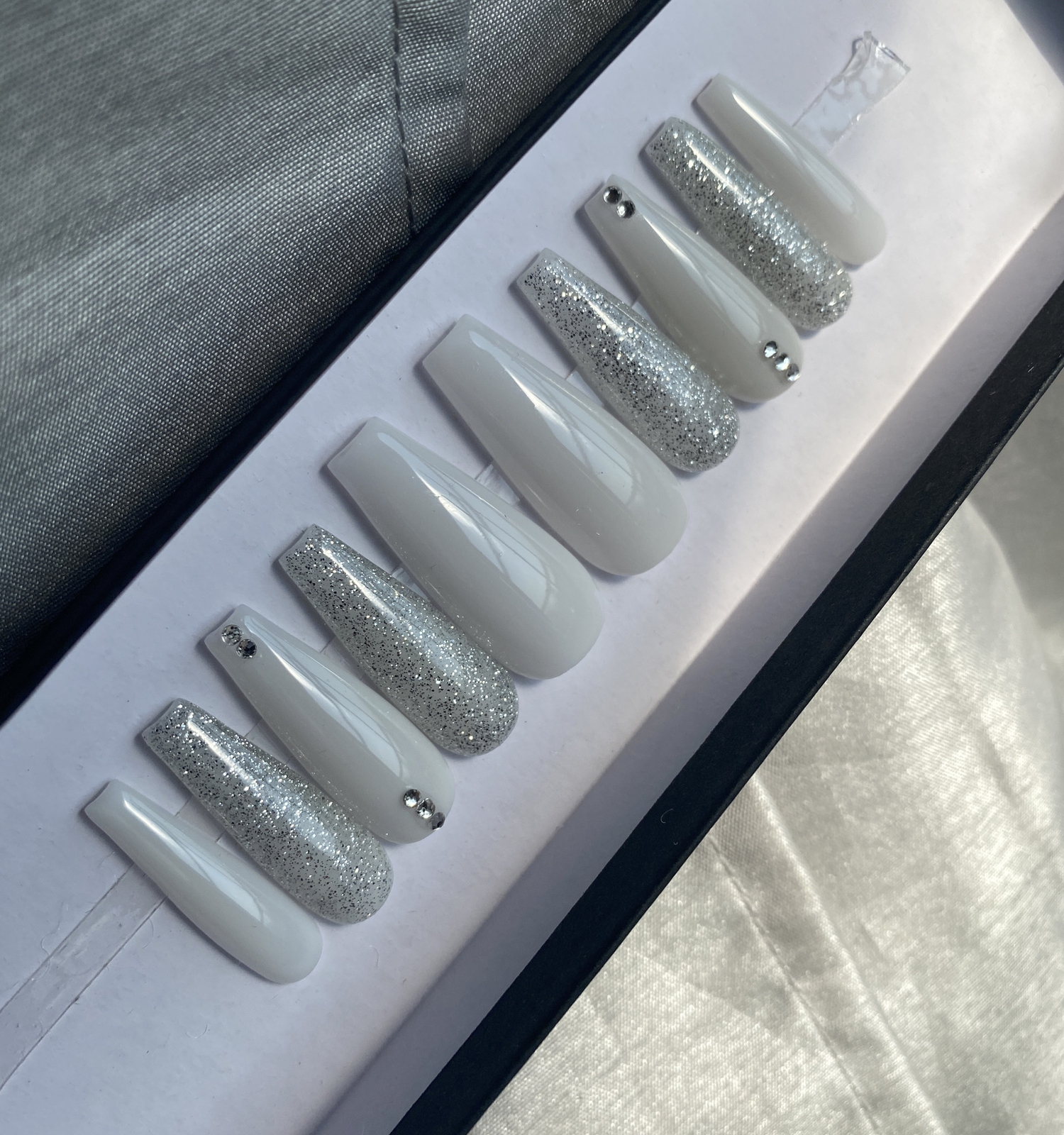 Luxury Gel Press On Nails, MILKY WHITE w/ BLING , Long Coffin, 10p W/ KIT