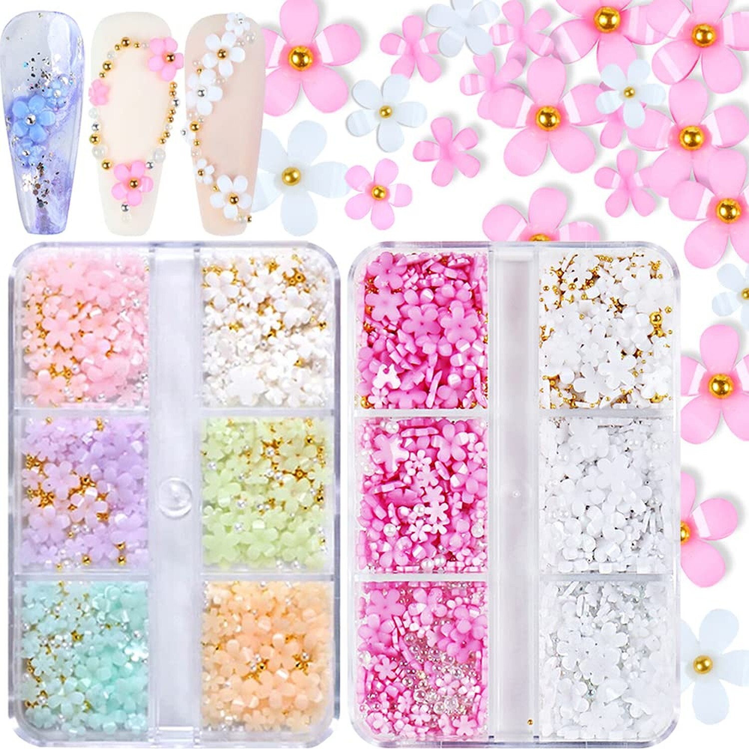3D Flower Nail Charms, 2 Boxes 3D Acrylic Flower Nail Art Charms and Gems Whi…