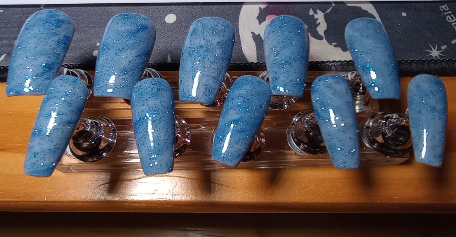 Blue/Grey PressOns, Handmade, Winter, Coffin, Medium, Nails, Gifts, For Her