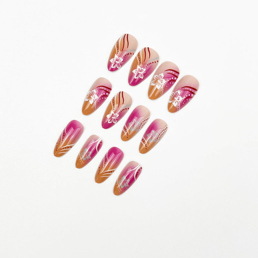 48pcs Almond Press on Nails, Pink Orange Ombre Tropical Floral Summer Nail Art