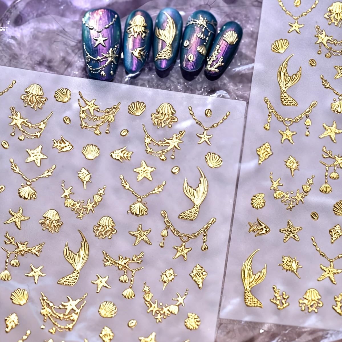 Summer 5D Embossed Nail Art Stickers Gold Glitter Star Shell Nail Decals Self…