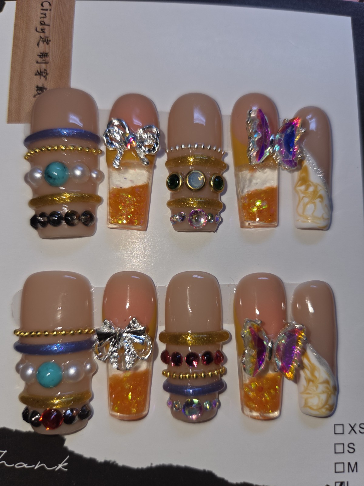 Press On Nails Handmade Large Orange Y2k Bangle Bracelet Water Aqua Nails