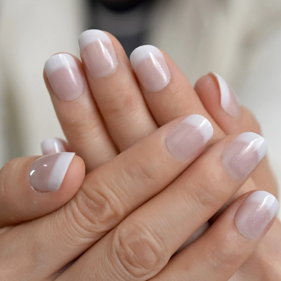 24 Short Press on nails kit w/ glue ombre french tip white pink gradient nude