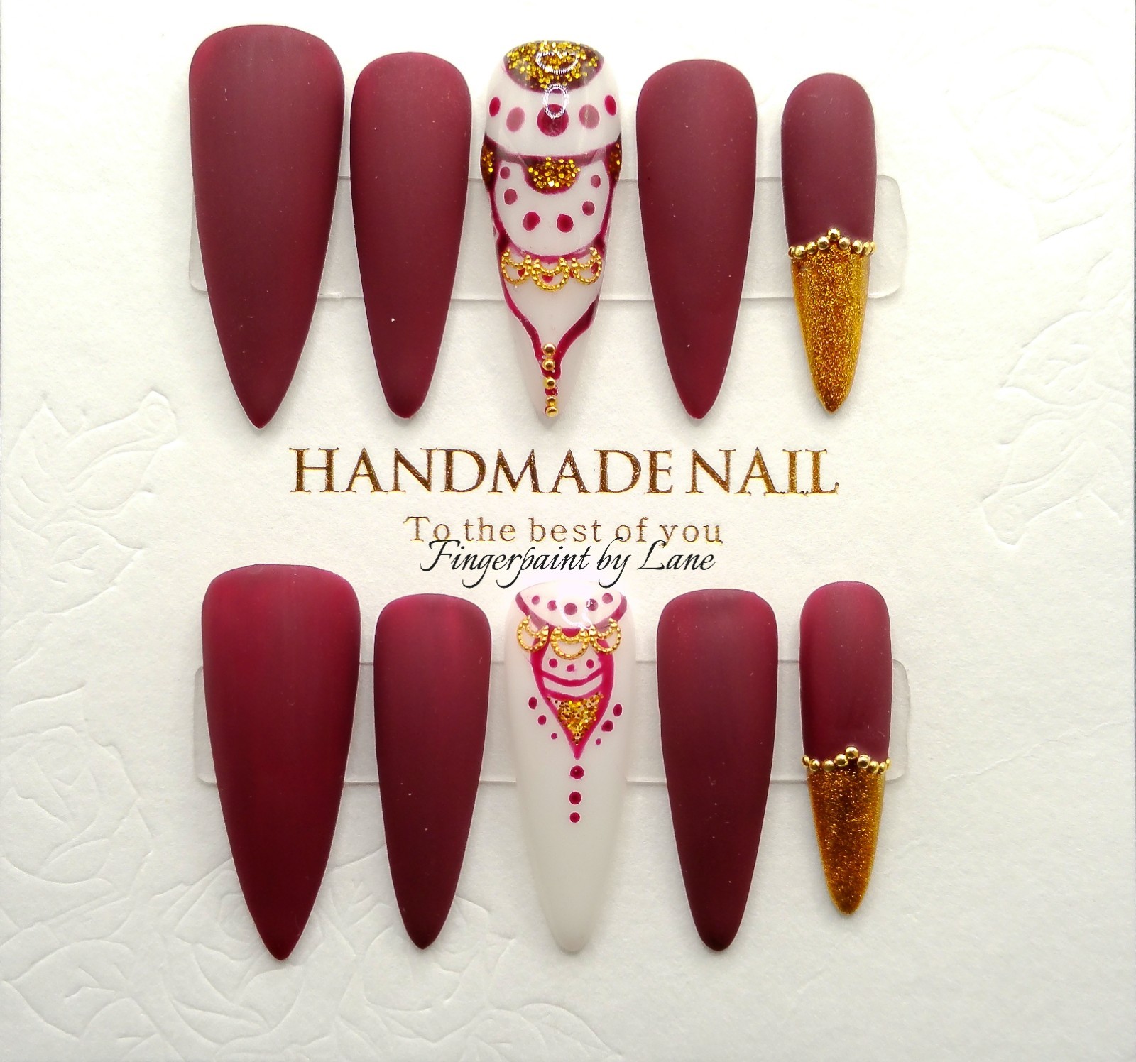 Long Stiletto Henna and White Press On Nails – Medium Size