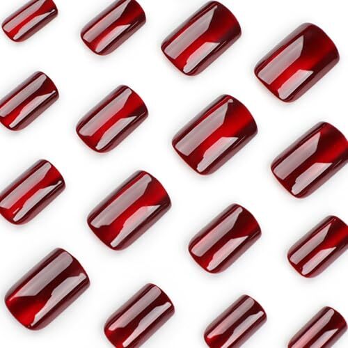 Wine Red Press on Nails Short Square Acrylic Nails Ombre Glitter Fake Style4
