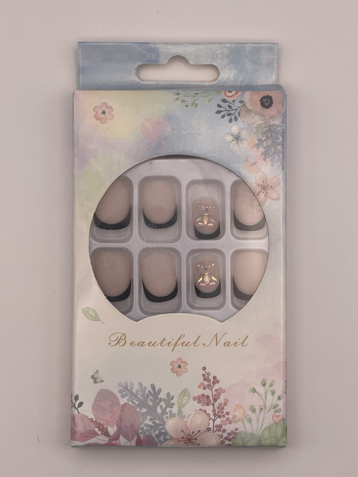 Beautiful Nail Finger Nail Set – Light Pink With Black And Clear Edge & Bear