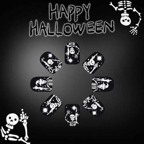 Halloween Press on Nails – Short Square Dark Black Fake Nails with White Skull