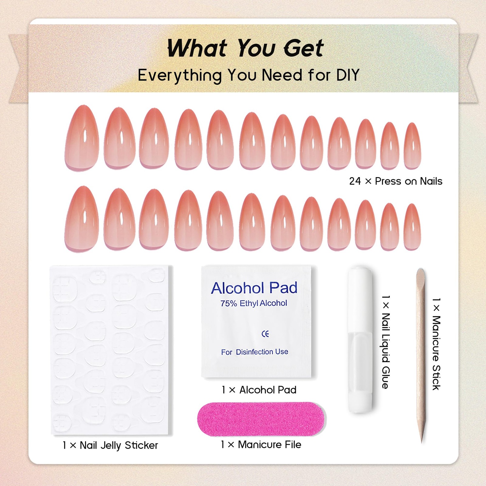 Press on Nails Almond, Ombre Nude Coral Pink, Glossy Fake Nails