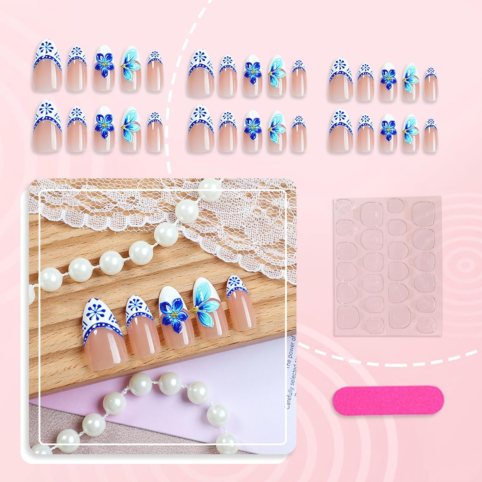 Jremg Blue Flower Press on Nails Medium Almond Fake Nails with 3D Floral Desi…