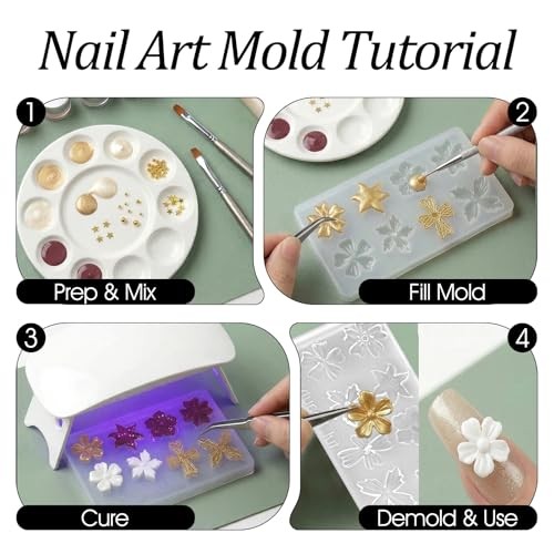 3D Flower Mold for Nails, 2 Pcs Silicone Nail Art Molds with 8 Floral Designs,