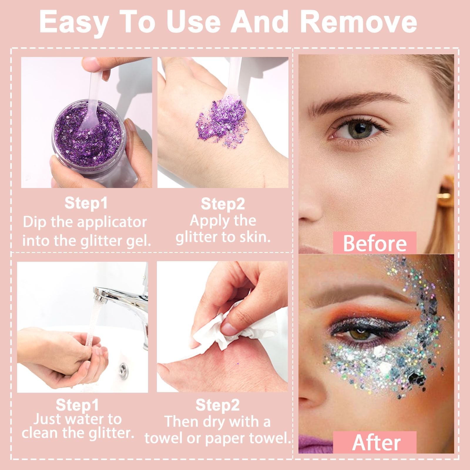 50ML Body Glitter Gel, Red White Blue 4th of July Chunky Glitter for Face Hai…