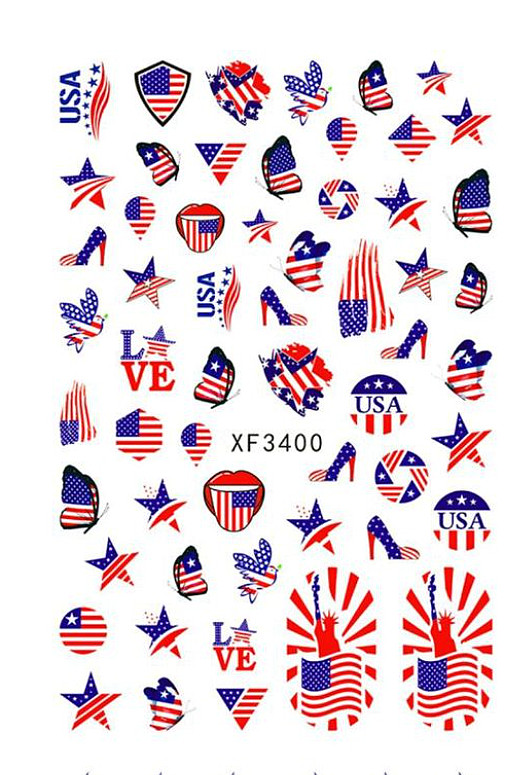 American Flag LOVE Heart Star USA 4th of July Butterfly Number 3D Nail Sticker