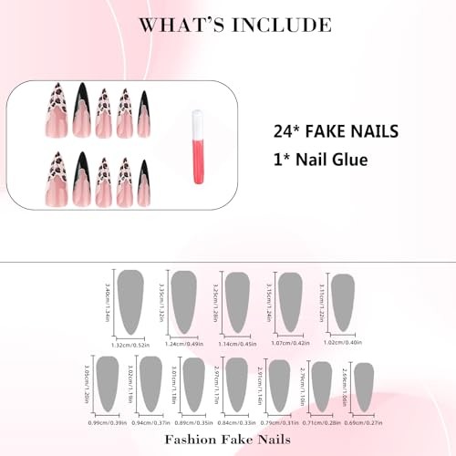 Press on Nails Long Stiletto Fake Nails Black Leopard Print French E-42Black