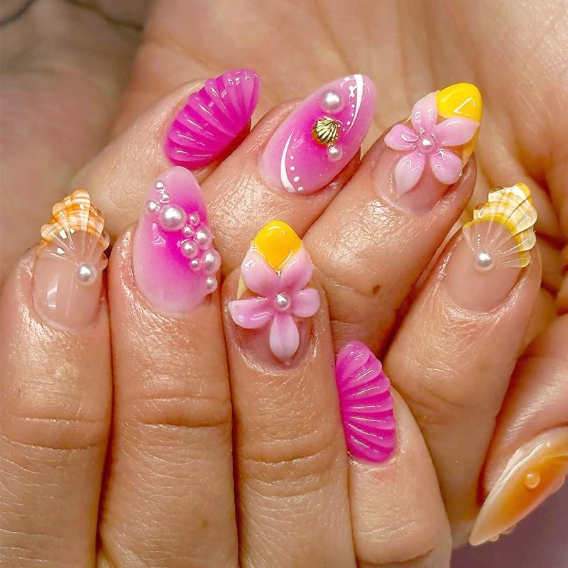 3D Summer Ocean Flower Press on Nails Short Almond Fake Nails 3D Beach Floral Sh