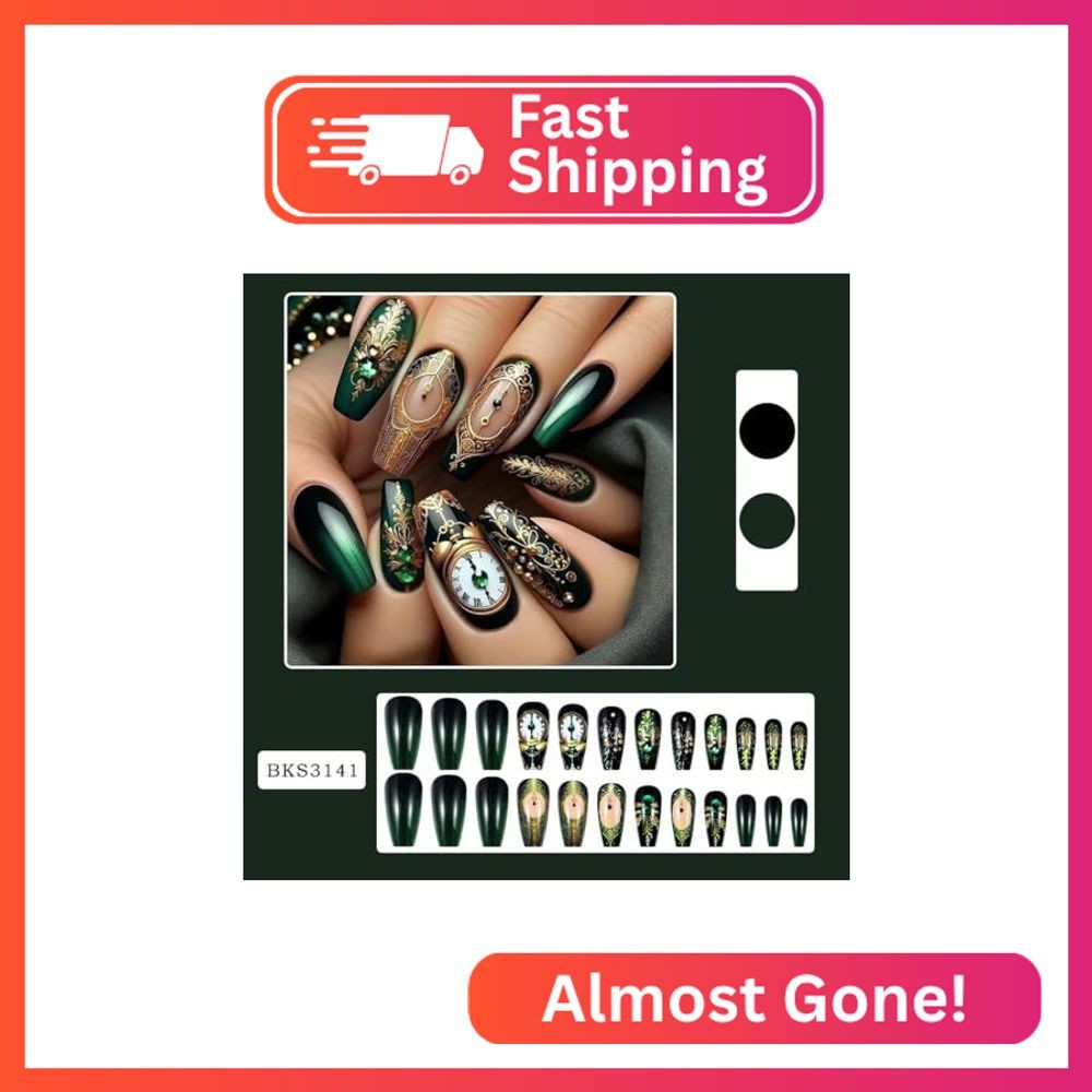 Dark Green Press on Nails – Long Coffin Fake Nails – Clock Design Rhinestone Glu