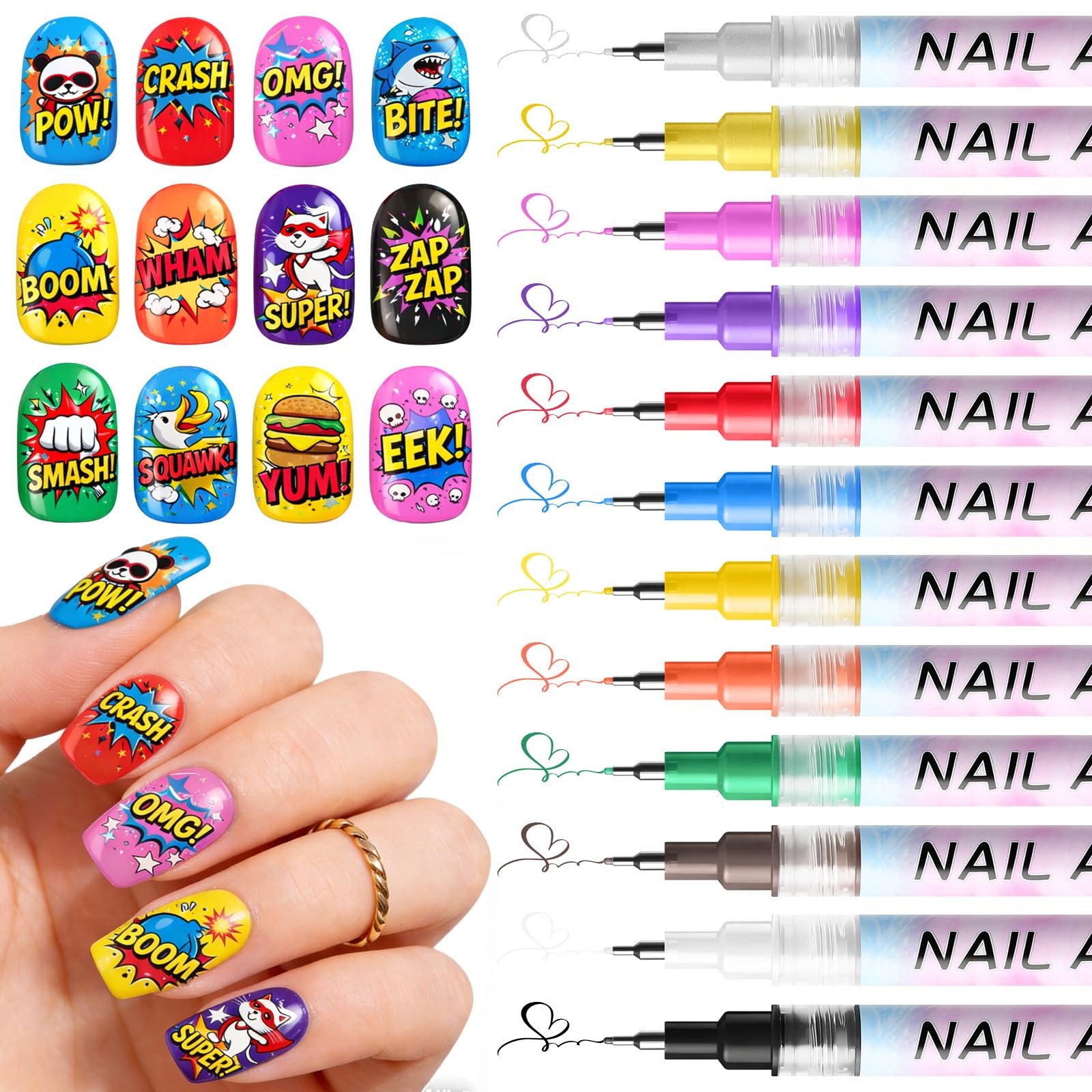 12 Colors Nail Art Pens Set, 0.5mm Fine Tip Nail Polish Pens, Waterproof & Qu…