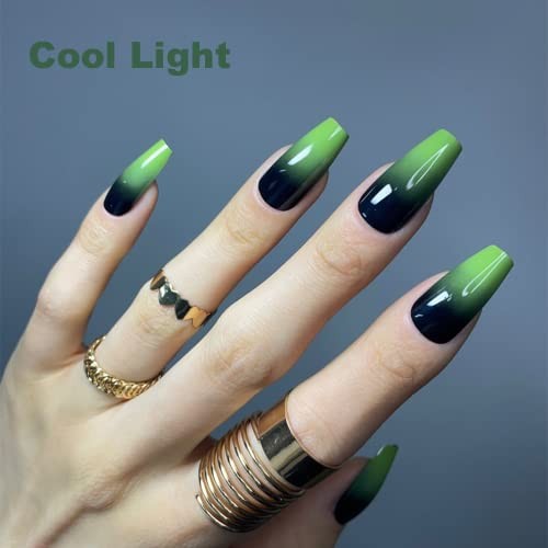 Redykat 24PCS Glossy Green Ombre Coffin Press On Nails, Gel Green&Black Ombre