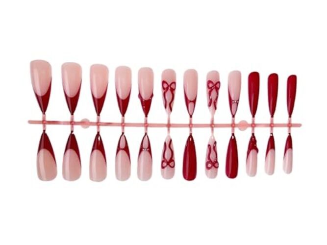 Red French Tip Press on Nails Medium Almond Fake Nails Wine Red Bow Style 7