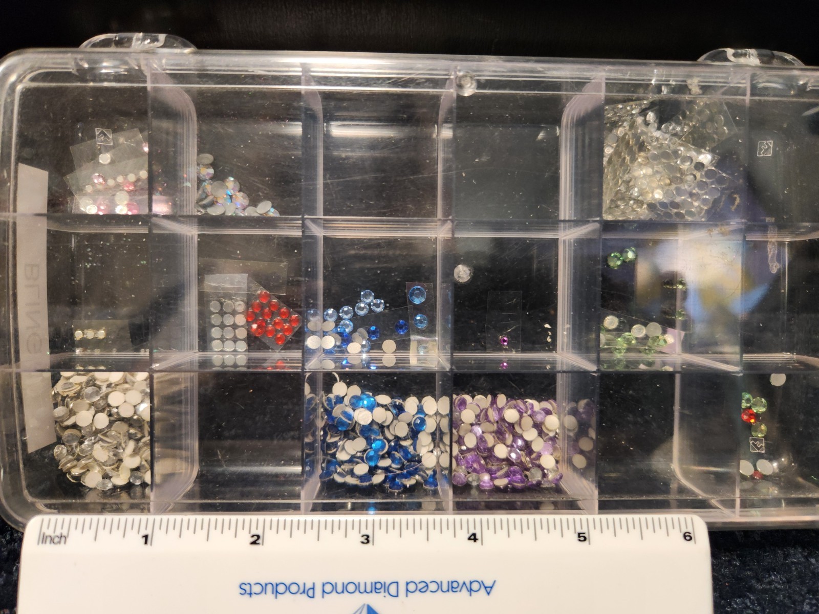 Assortment RHINESTONES various colors in box Blue Green Purple Silver Red crafts